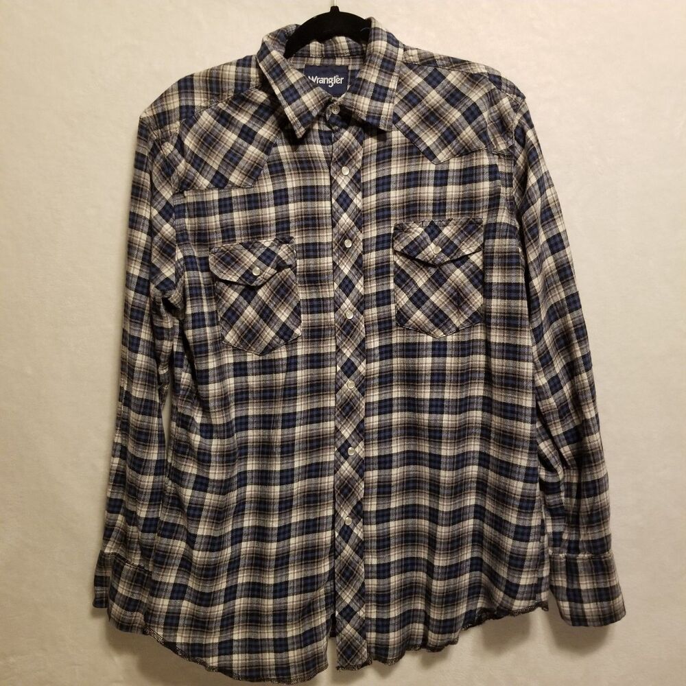 Wrangler Shirt Mens L Blue Plaid Flannel Pearl Snap Western Cowboy Rodeo Ranch